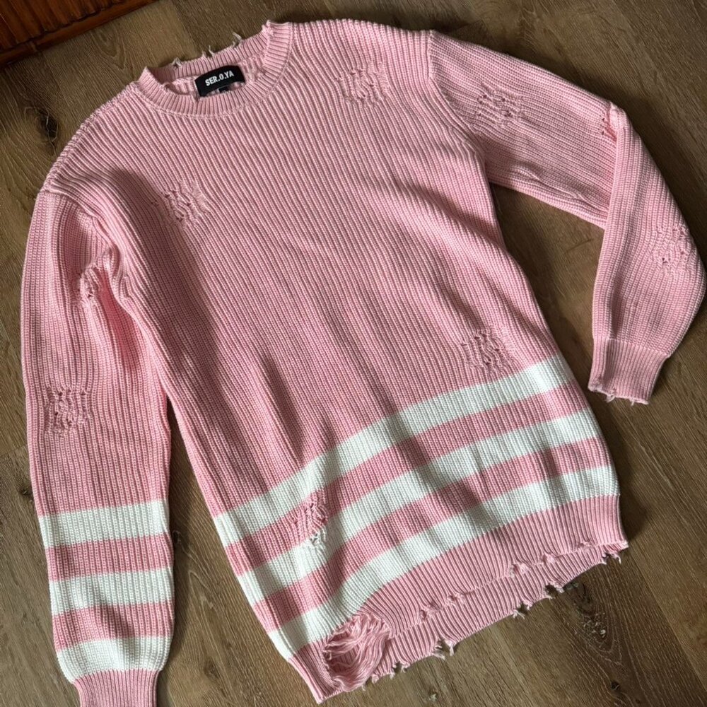 Ser.o.ya nyc Devin Pink and white varsity distressed sweater dress size xsmall